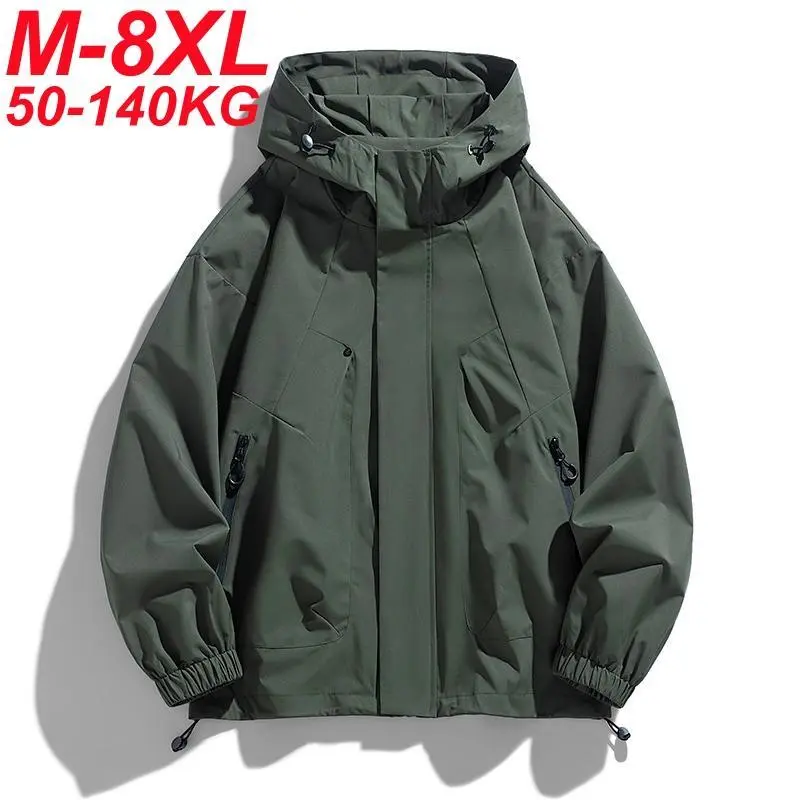 Men's Casual Softshell Jacket, Lightweight Hooded Waterproof Windbreaker for Camping, Plus Size Loose Fit Tops 6XL-8XL, Menswear