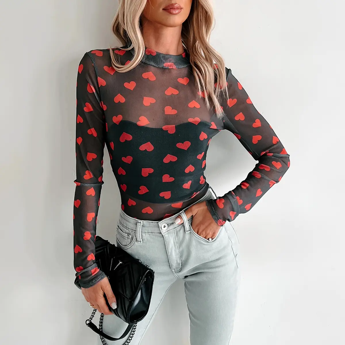 Women's Elegant Cute Romantic Heart Print Sheer Mesh Blouse - Casual Long Sleeves Shirt for Valentine's Day Party, Casual Clothing, Romance-Infused Tops