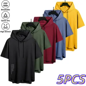 Men’s hooded short-sleeve T-shirt pack of 5, trendy casual athletic style, breathable quick-dry, highly elastic, skin-friendly, drawstring hood, curved hem, versatile top for gym, commuting, and home wear fathersdaygift