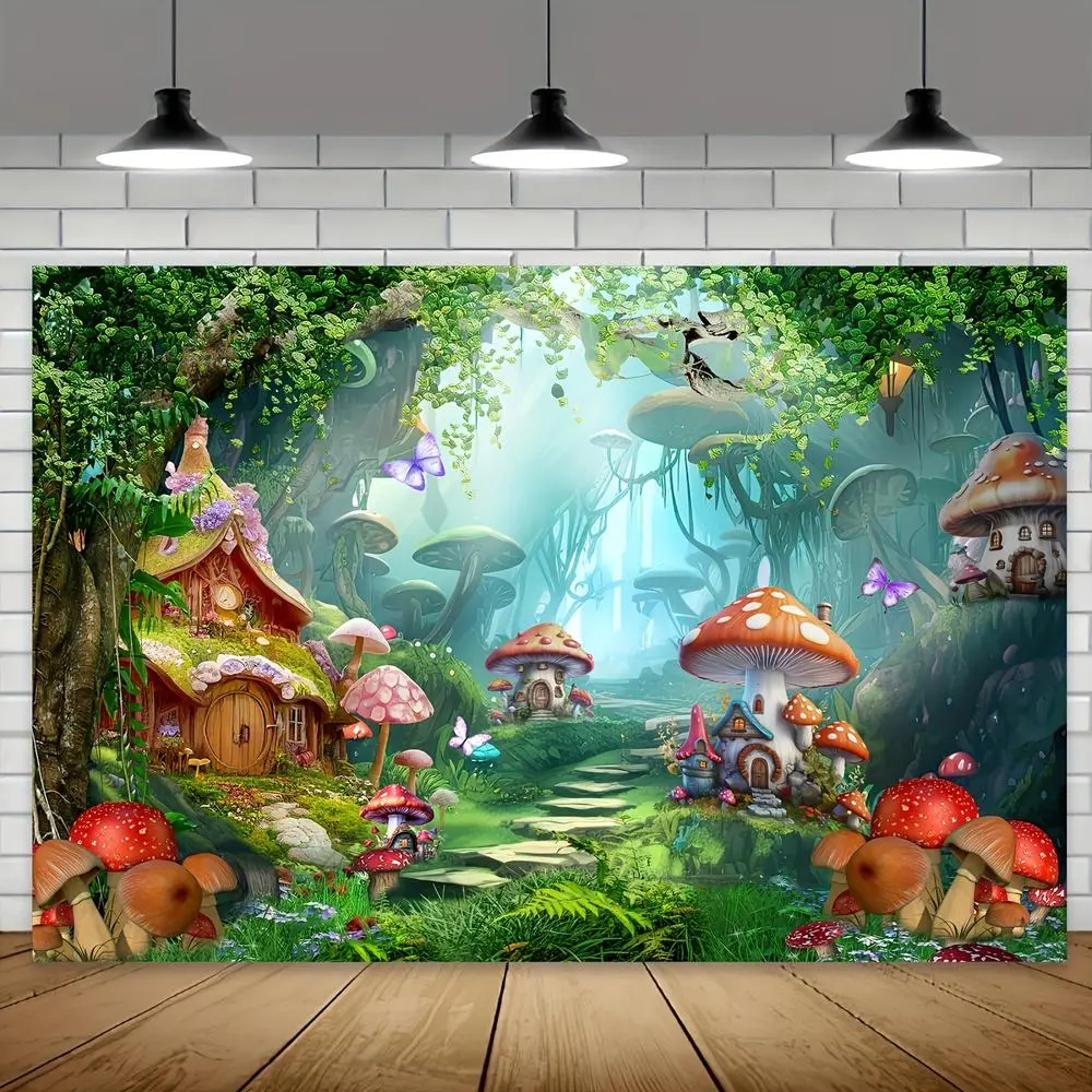 1PC Polyester Reusable 2D Flat Fantasy Mushroom House Backdrop - Forest Fairy Tale Banner for Children’s Birthday Party, Forest Elf Theme Decoration