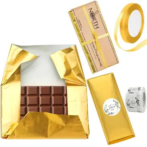 Chocolate Bar Wrappers, 100pcs/set Gold Foil Candy Decoration Wrappers with 100pcs Stickers & 1 Roll Ribbon, Homemade Individual Wrapping Sheets for Chocolate, Chocolate Treats, Candy, Food Packaging, Creative Gift Packaging, Gift Idea