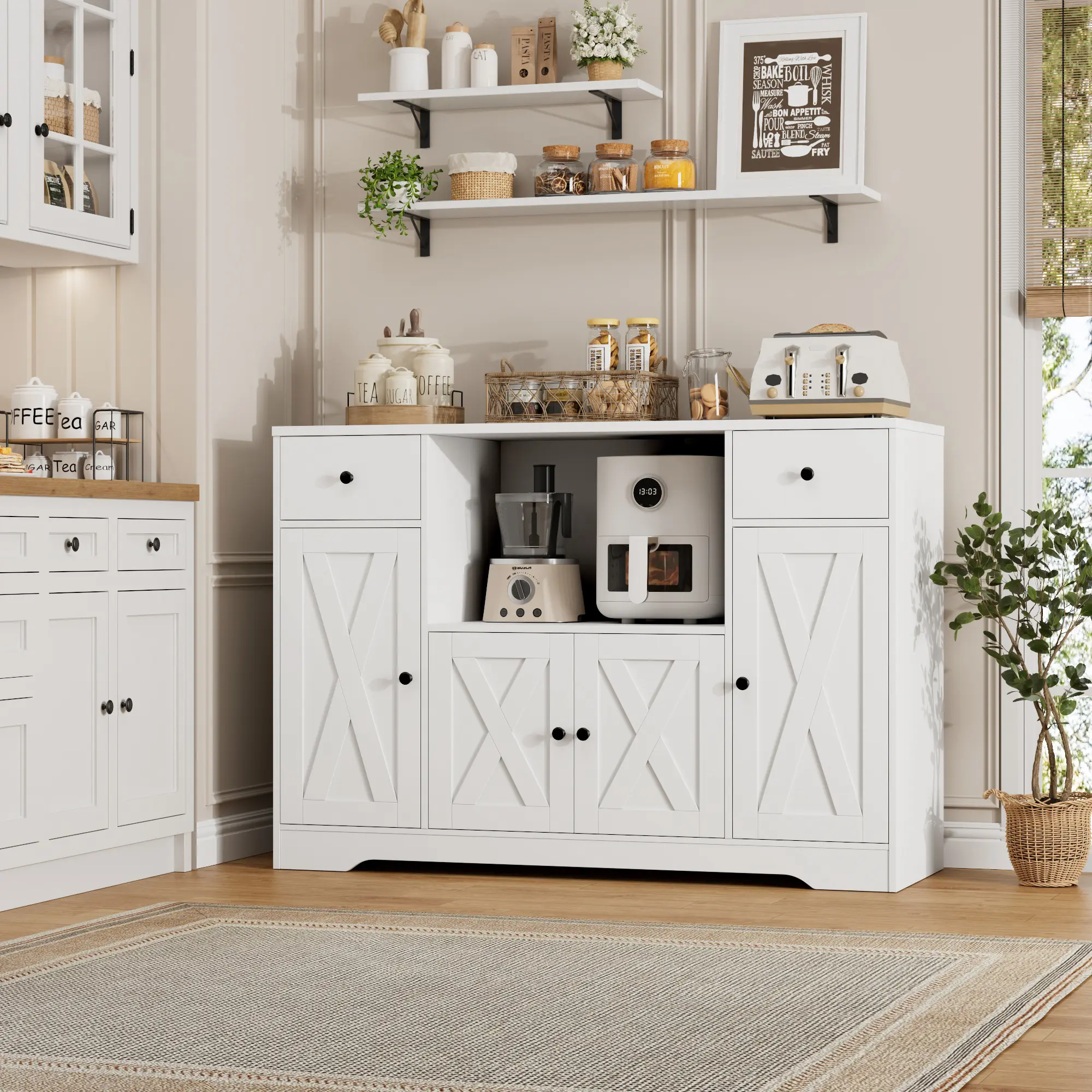 HOSTACK Microwave Cabinet with Charging Station, 47" W Kitchen Storage Cabinet with Microwave Stand, Modern Farmhouse Buffet Sideboard with Drawers and Shelves for Kitchen, Dining Room