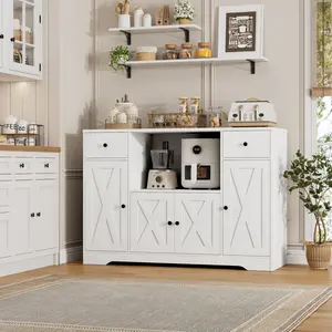 HOSTACK Microwave Cabinet with Charging Station, 47" W Kitchen Storage Cabinet with Microwave Stand, Modern Farmhouse Buffet Sideboard with Drawers and Shelves for Kitchen, Dining Room