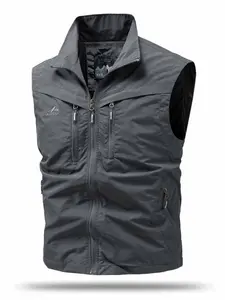 Men's Fashion Zipper Pocket Work Vest, Sleeveless Waistcoat, Gilet, Casual Sleeveless Jacket, Stand Collar Breathable Multi-Pocket, Outdoor Fishing Photography