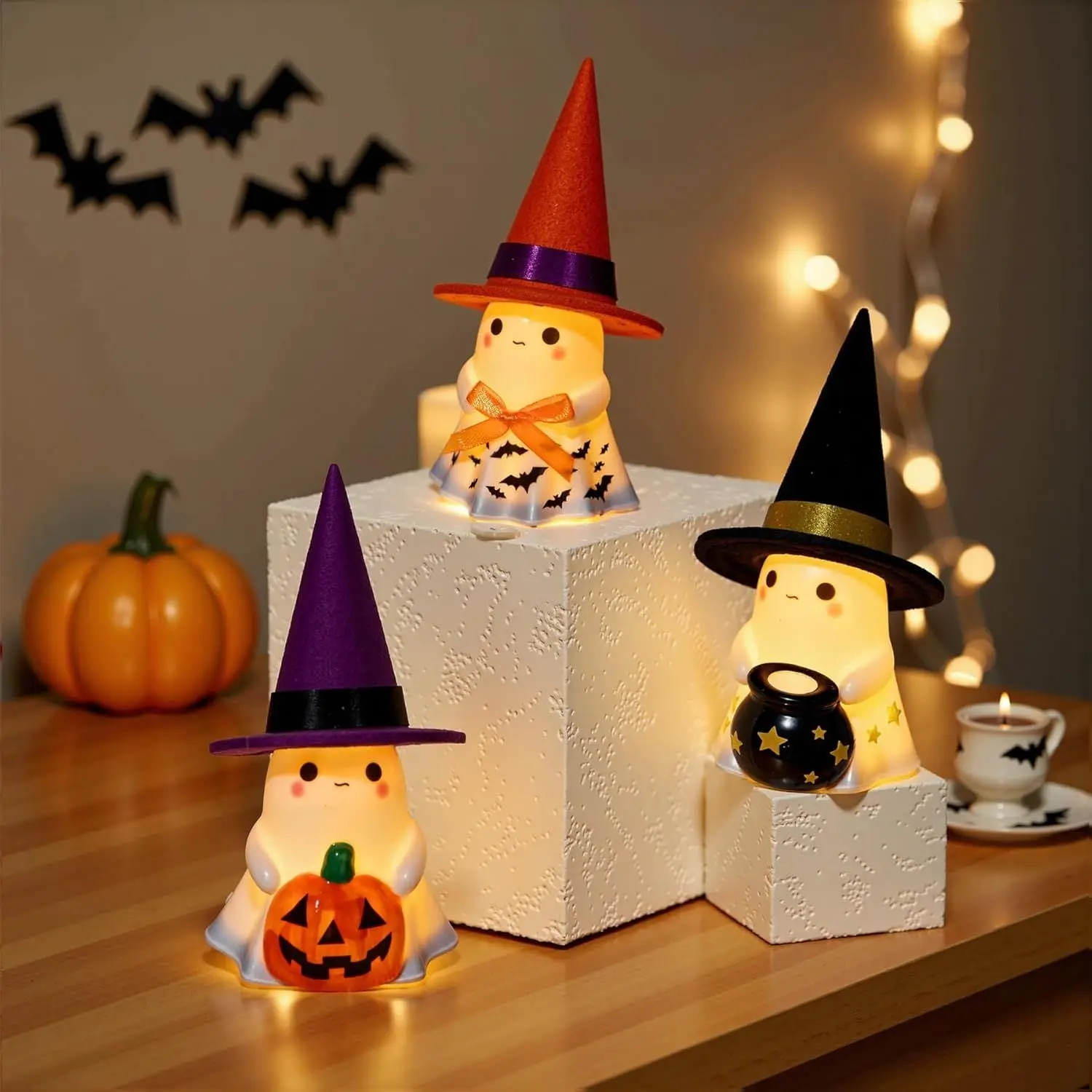 3Pcs Whimsical Cute Spooky Ceramic Ghost Figurines with Hats - Indoor Halloween Decorations, Tabletop Decor for Mantel, Home, Party