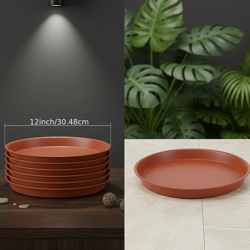 Succulents 5pcs 12-in Heavy-duty Plastic Plant Trays - Bulk Pack, Durable, Stylish, Versatile Clay Design Round Trays for Organizing Plants, Flowerpots, Room Decor, Indoor Home Supplies