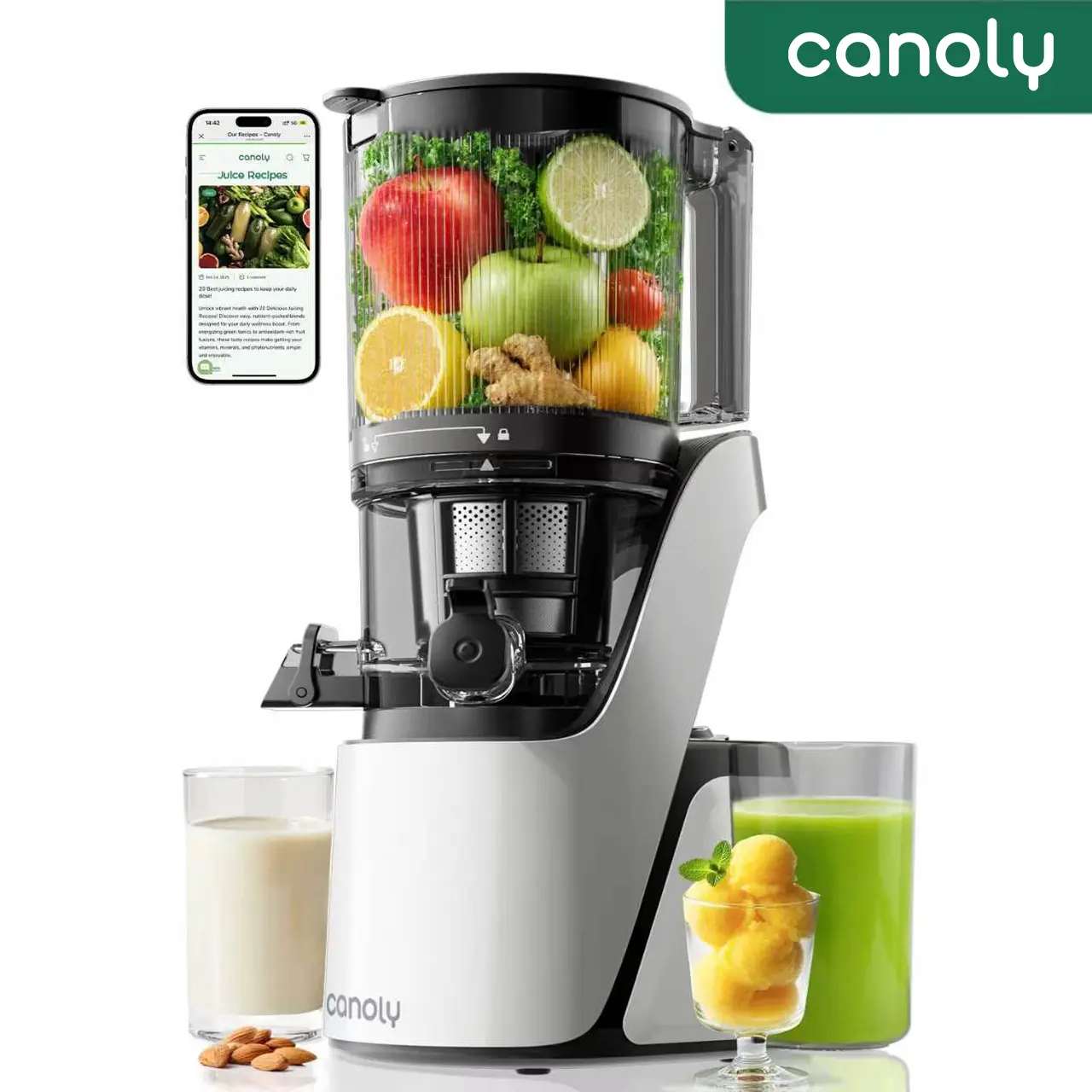 CANOLY C16 Durable 3-in-1 Cold Press Juice Extractor - Whole Vertical Orange Juice Machine, Household Blender for Shakes, Smoothies, Sorbet & Nut Milk, 6" Wide Feed Chute, 35dB Quiet AC Motor, Easy Clean, Dishwasher Safe, BPA-Free