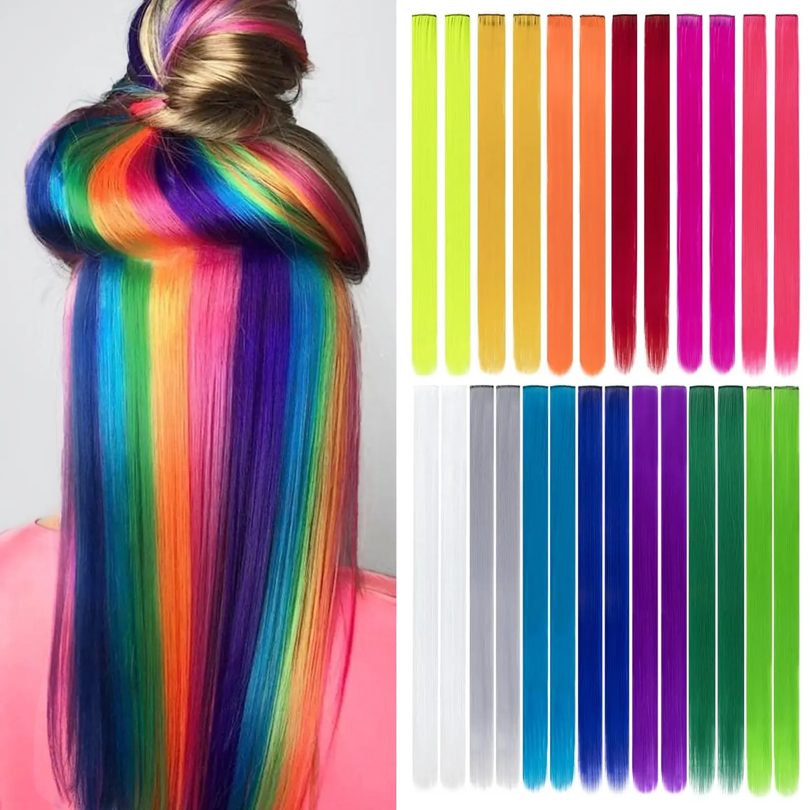 [Iridescent] Colored Hair Extensions, 20 inch Straight Highlights Color Clip in on Hair Extension Rainbow Synthetic Hairpieces for Girls Kids Gift