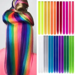 Colored Hair Extensions, 20 inch Straight Highlights Color Clip in on Hair Extension Rainbow Synthetic Hairpieces for Girls Kids Gift