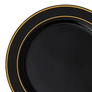Black with Gold Edge Rim Plastic Appetizer/Salad Plates (7.5")