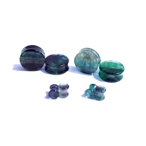 Rainbow Fluorite Stone Plugs Double Flare – Natural Crystal Gauges in Vibrant Purples & Greens 3mm-35mm- Yellow Fluorite Listed as Variation