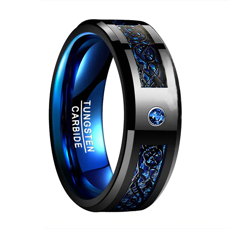 TikTok Hot-Selling Zircon Inlaid Two-Tone Dragon Pattern Carbon Fiber Titanium Steel Men's Ring Stackable Ring Elegant Everyday Ring