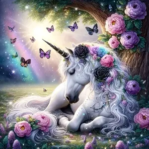 Enchanted Unicorn Resting In Magical Forest With Flowers And Butterflies Art Painting 5D DIY Diamond Painting Kit Full Drill Square Round Diamonds Embroidery Craft Home Wall Decor Art Gift Handmade Decorative Painting Set, Handmade Gifts Embroidery Design