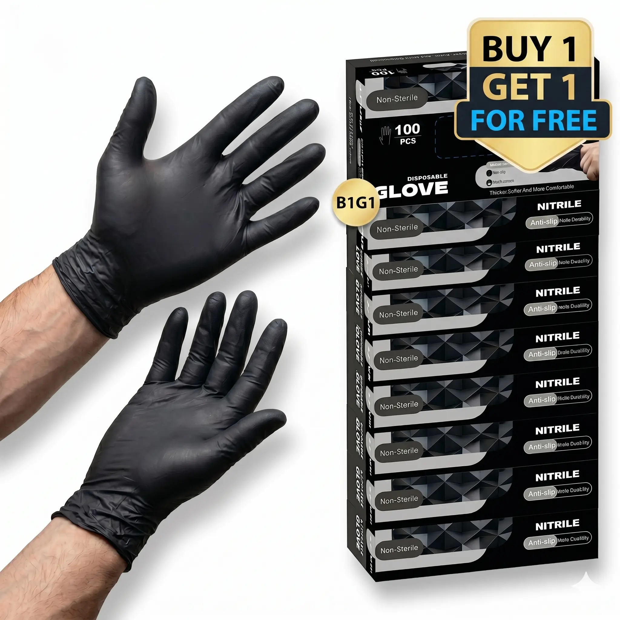 Buy 1 Get 1 Free Premium Black Synthetic Nitrile Disposable Gloves - 100-Count Box, Powder-Free, Beaded Cuff, Fingertip Textured, Industrial, Antislip, Tear Resistant, Chemical Cleaning Gloves for Mechanics, Durable, Comfortable, S Durable Cleaning Gloves