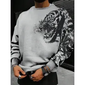 Men's Tiger Print Drop Shoulder Sweatshirt, Regular Fit Casual Long Sleeve Round Neck Pullover for Fall & Winter, Fashion Men's Top for Daily Wear