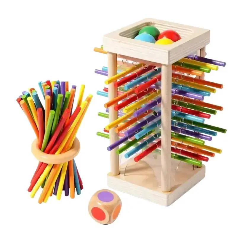 Wooden Stick Game, Colorful Educational Toy for Cognitive Development & Focus Training, 2 Ways to Play, Complete Set with 30 Sticks, Dice, Ring & 4 Wooden Balls, Compact (3.1x3.1x6.6in) for All Ages