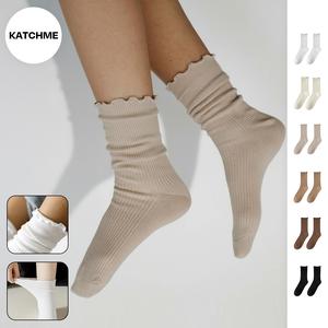 KatchMe Women's Solid Color Lettuce Trim 6-Pack Mid-Calf Socks, Soft Breathable Ribbed Cotton Stretch Socks, Versatile Mid Tube Socks, Thin Smooth Hosiery