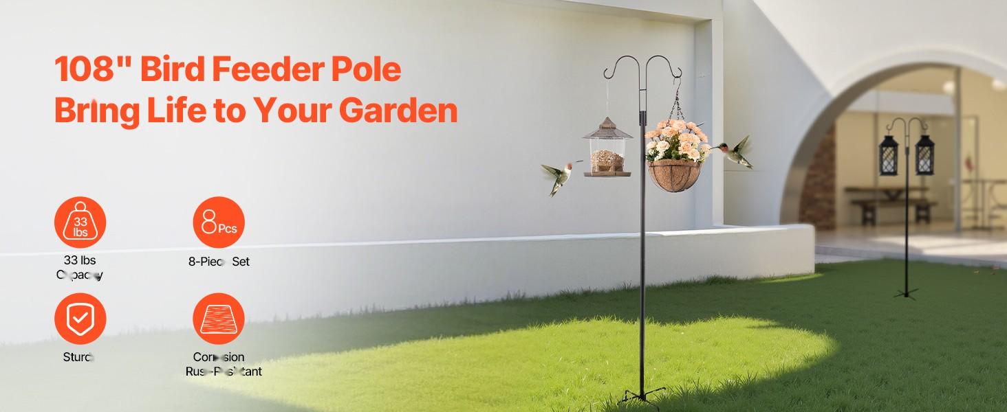 Double Shepherds Hook 8 Pack 60 Inch Heavy Duty Bird Feeder Pole For Outdoor Garden Yard And Patio - Weather Resistant Rustproof Steel Stands, Easy Assembly, Durable Bird Feeding Poles Set Of 8