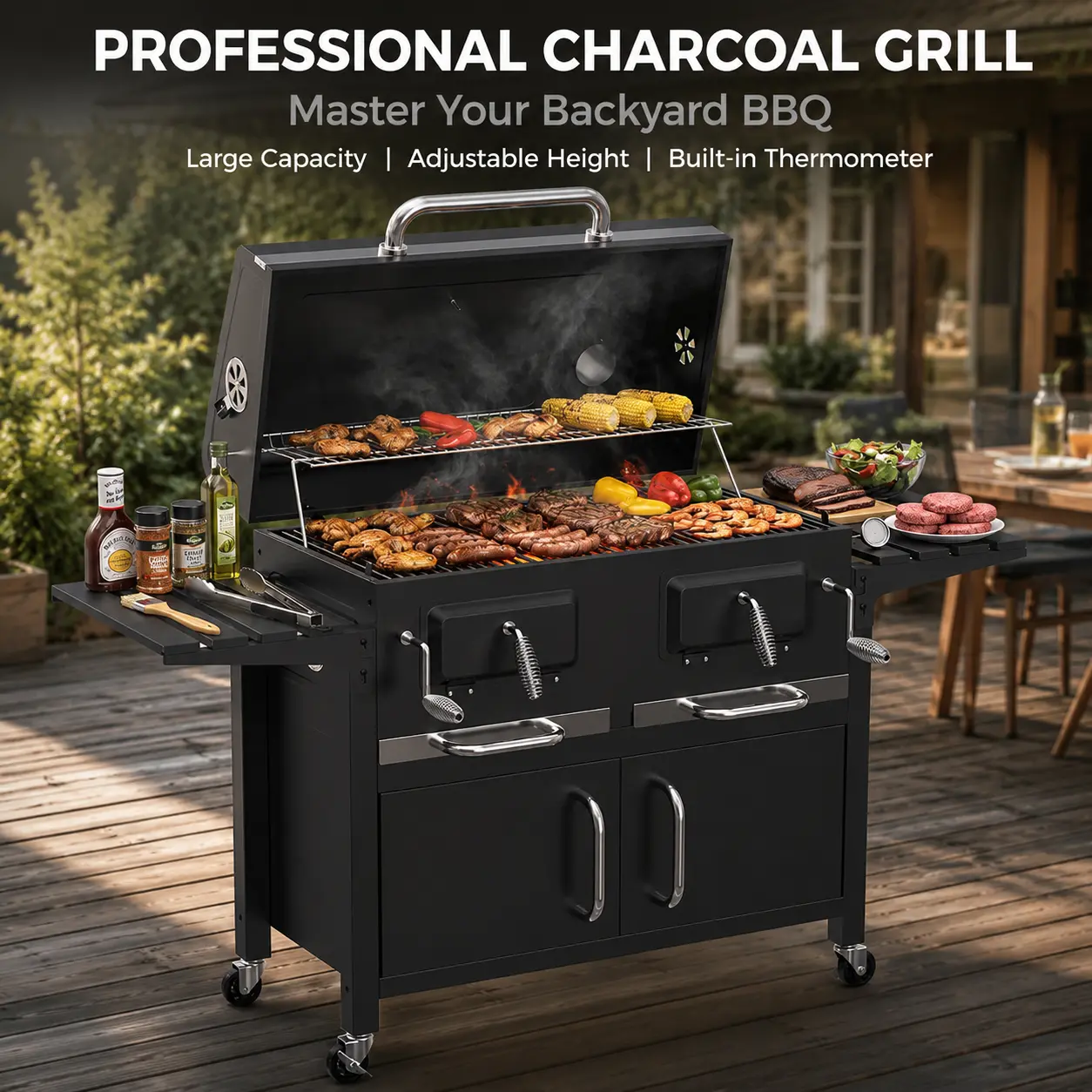 BESTFIRE BBQ Charcoal Grill, Extra Large Heavy-Duty Outdoor Smoker with 2-Tier Enamel Grates, Dual-Zone Cooking, Foldable  Tables & Warming Rack, Bbq Charcoal Grills, Charcoal Combo Grill side shelf