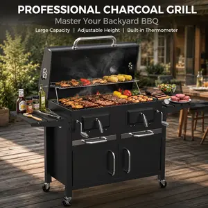 BESTFIRE Extra Large Heavy-Duty Charcoal Grill – 2-Tier Enamel Grates, Warming Rack, Dual Side Tables, 4 Heavy-Duty Wheels for Easy Mobility [SummerVibes] (for Camping, Outdoor Use)