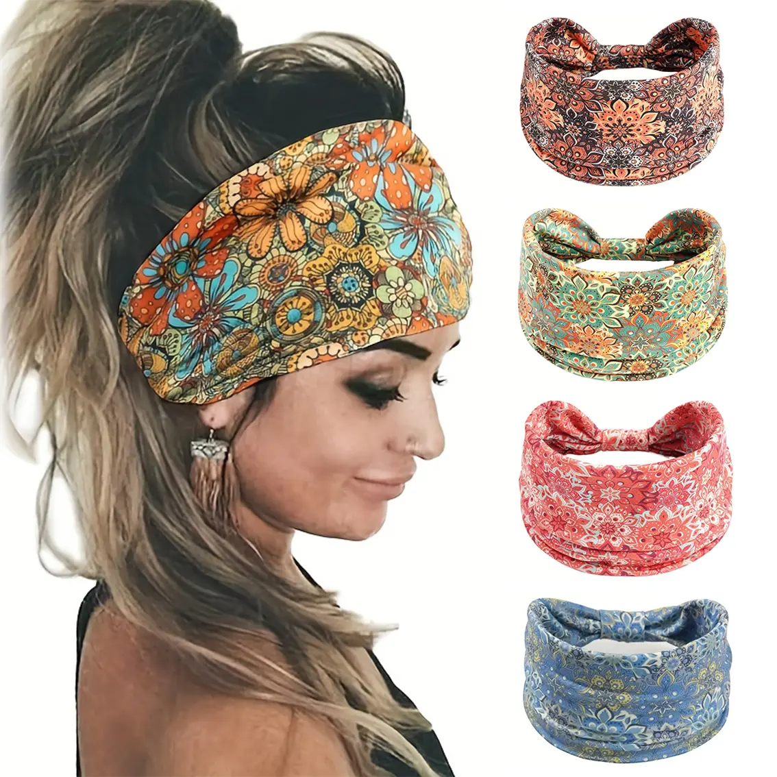 Wide Headbands Knotted Turban Headband Floral Non Slip Elastic Hairbands Workout Head Wraps Yoga Hair Scarfs Boho Fashion Hair Accessories for Women 5 Pcs