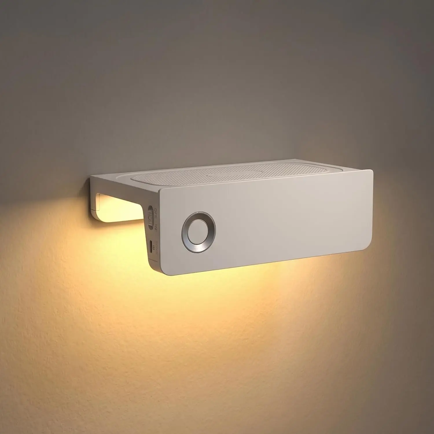 Rechargeable Motion Sensor Night Light with Shelf, USB-C Stick-On LED Wall Light, Motion Sensor and Always-On Modes, Built-in Light Sensor, Cordless Light for Bathroom, Bedroom, Hallway, Stairs