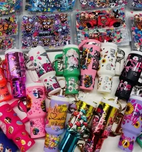 Random 38pcs high-end trendy fashion Mini Tumbler Cup Gradient color Keychains and Stickers--18pcs mini cup Gradient color keychain +20pcs cartoon sticker summerwins