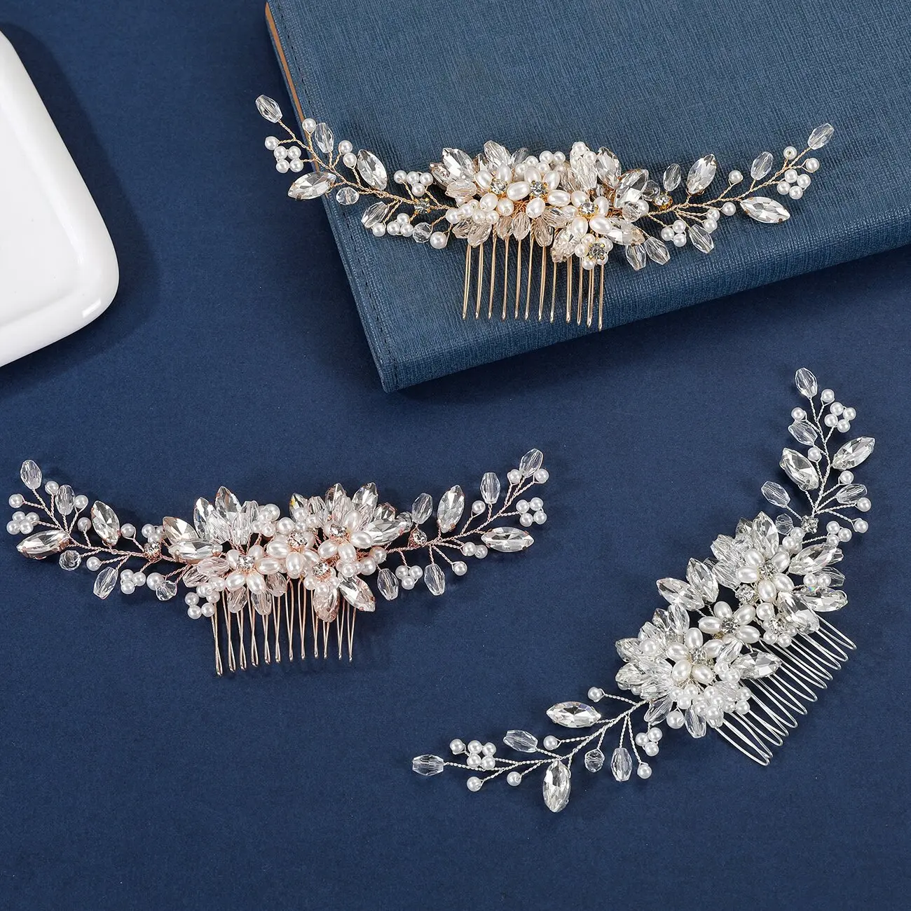 Bridal Handwoven Pearl Comb with Rhinestones and Crystals, Crystal-Adorned Dainty Decorated Gem-Studded Modern Hair Pins for Wedding Photo Shoots, Crystal-Adorned Hair Pins