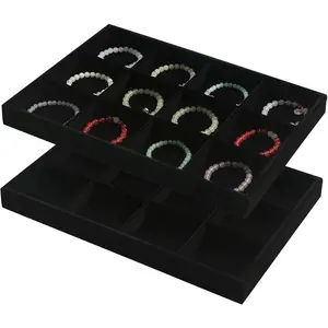 2 count Black  Stackable 12 Grids  Organizer Tray Bracelet Display Stand for Selling  Necklace Holder Earring Box Storage (12grid+12grid)