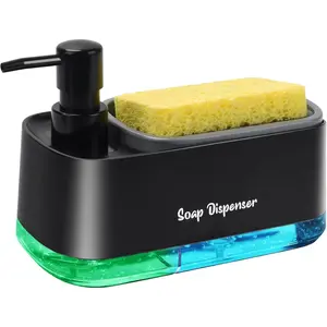 Kitchen Dish Soap Dispenser Set,Dish and Hand Soap Dispenser with Sponge Holder, 3-in-1 Countertop Sponge Dual Soap Pump Dispenser for Kitchen Sink - Black