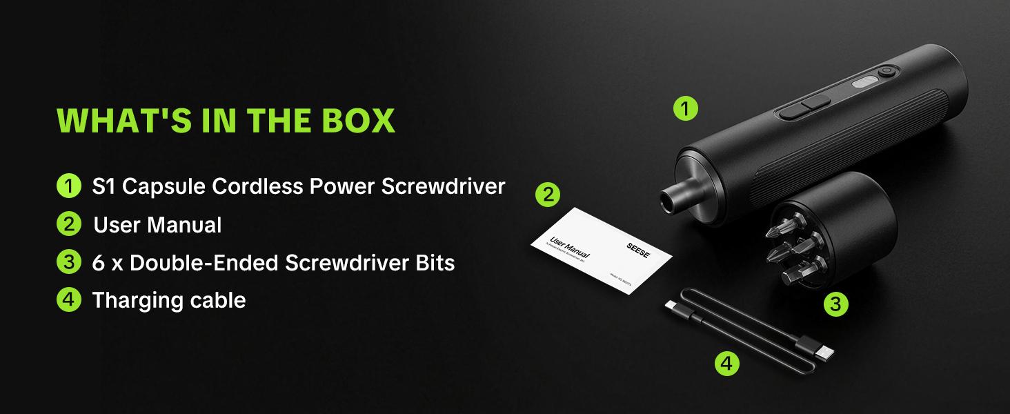 SEESE 6-in-1 Electric Screwdriver with 250 RPM Motor, 3 Torque Settings, 1.2 to 5 N·m, 6-Piece Set Bits , LED Light , 1500 mAh Rechargeable Cordless Screwdriver Set for Furniture, Household Multipurpose Tool Repair backtoschool