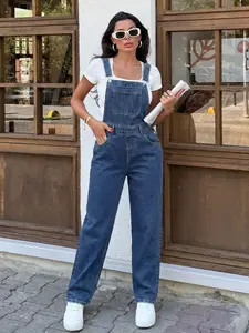Women's Comfortable Denim Bib Pants, Slim-Fitting Adjustable Strap, Casual Plain Design, All Seasons Wear, Ladies' Jeans Jumpsuit
