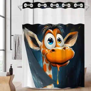 1pc hookless shower curtain with buckle lining, orange and white giraffe cartoon design 2D flat print, fabric waterproof lining, double-layer shower curtain with see-through window, 71 x 74 inches, modern home draping curtain.