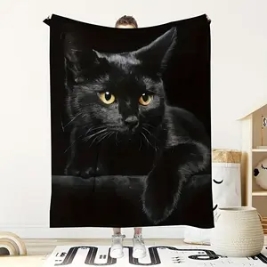 Black Cat Print Flannel Blanket, Soft And Warm Blanket Nap Blanket For Sofa Office Bed Camping Travel, Multi-Purpose Holiday Gift Blanket, Birthday Gift Christmas Halloween Thanksgiving Gift