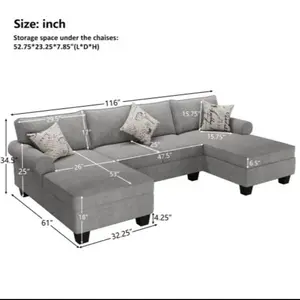 Grey Chenille U-Shaped Sectional Sofa Set - 3-Piece Design with Double Chaises, Rolled Arms, and 3 Pillows