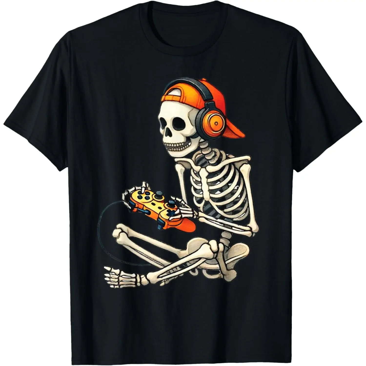 Women's Fitted Short-Sleeve Round Neck Streetwear Tee - Skeleton Gamer Halloween All Over Print, Funny Graphic Tees, Edge-Design, Cotton, Casual, Athletic, Made in USA, Women's Tops
