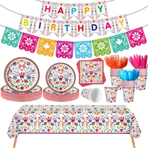 144 Pcs Mexican Birthday Party Supplies Otomi Floral Fiesta Tableware Set with Plates Napkins Cups Banner Tablecloth Cutlery for Cinco de Mayo Taco Tuesday, Serves 20