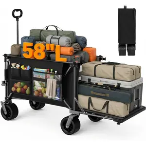 58"L Extender Collapsible Wagon, Extra Long Foldable Wagon Cart with Extended Tailgate, Heavy Duty Rolling Utility Cart with -Terrain Big Wheels for Shopping  Beach, Black