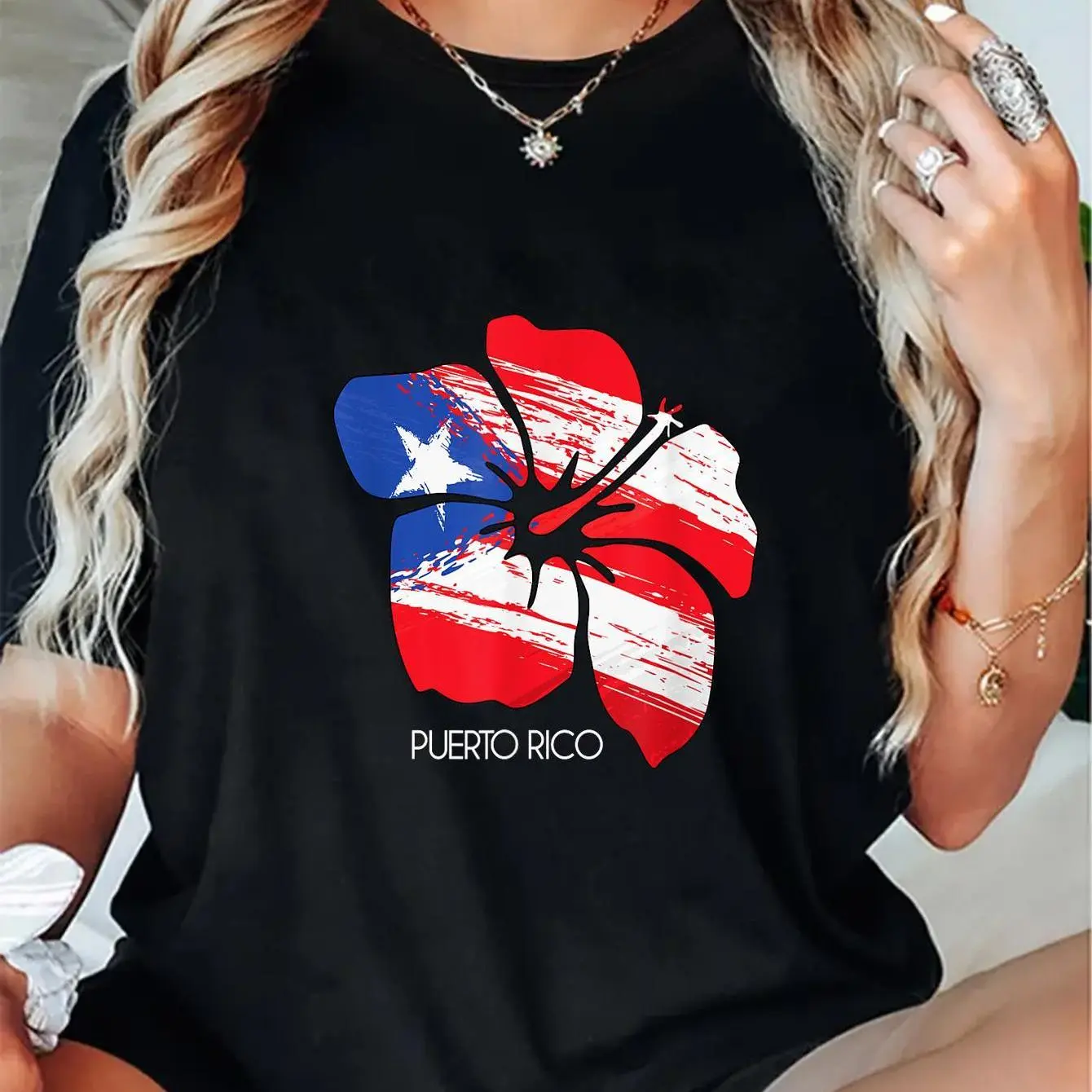 Women's 100% Cotton Short-Sleeve Puerto Rico Amapola Boricua Flag T-Shirt - Crew Neck Casual Everyday Pullover, Knit Fabric with Medium Stretch, All Season Regular Fit Culture Roots Top, Shortsleeve, Tshirt, Graphic, Round Neck, Streetwear, Vintage, All S