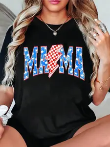 Women's Patriotic Mama Checkered Lightning Bolt Oversized Short-Sleeve T-Shirt - 4th of July Retro Vintage, Casual Streetwear, Round Neck, Comfortable Fit Graphic Tee, Shortsleeve, Tshirt, Women's Clothes, Tops For Women,summerwins,summeroutfits,vacationo