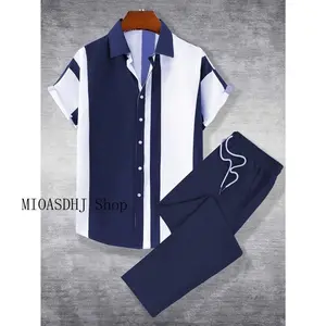 [Polyester Casual Suit] Polyester Men's Casual Suit - Short Sleeve Shirt and Straight Pants