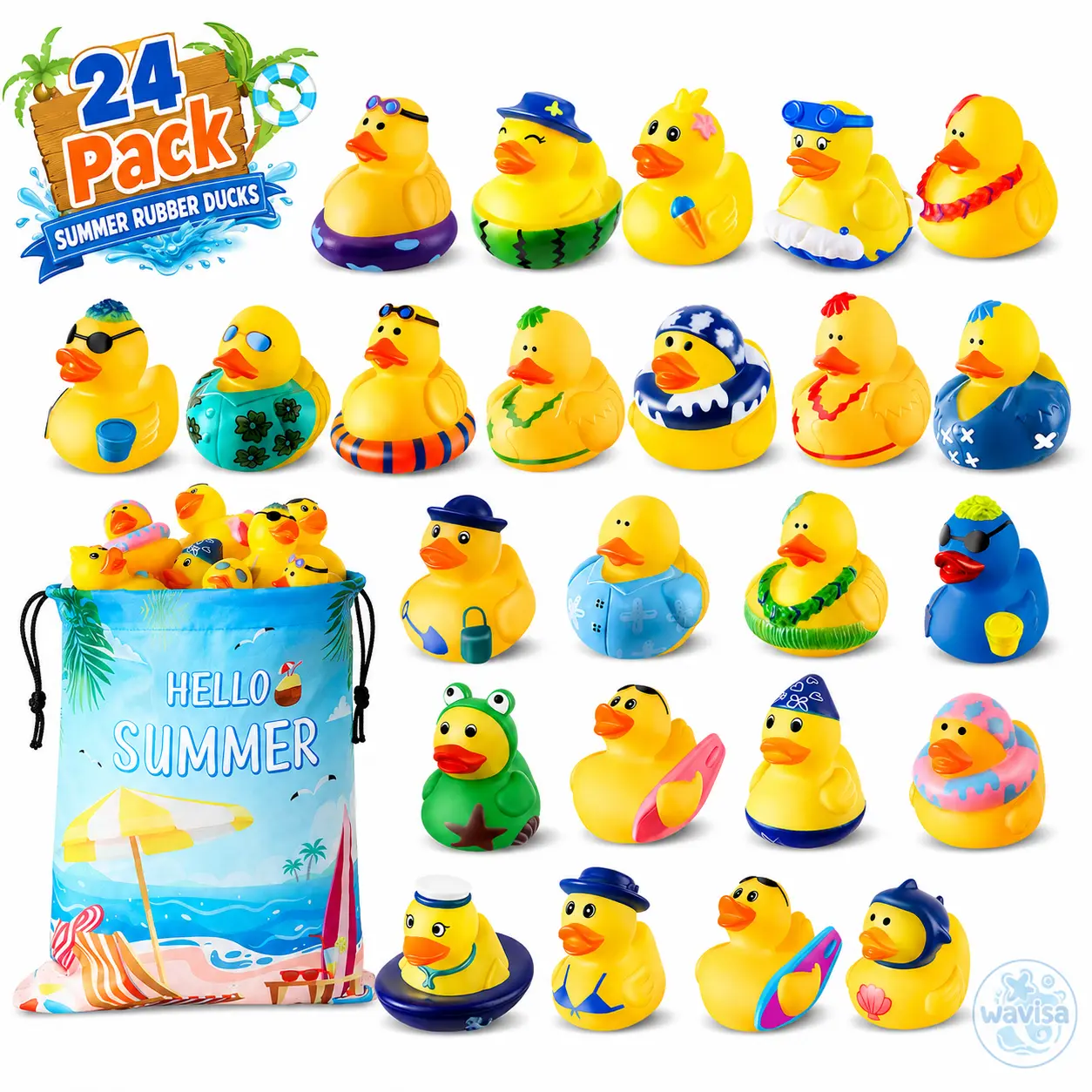 24 Pack Rubber Ducks for Cruise Ship Ducking – Summer Beach Ducks for Jeeps, Bulk Mini Floating Duckies with Mesh Bag, Bath & Pool Toys, Party Favors, Birthday Gifts, Classroom Rewards & Carnival Prizes