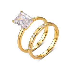 Loveden Vintage 3ct Emerald Cut Moissanite Engagement Ring Wedding Ring Set For Women Simple Style Gold-Tone Band lna1