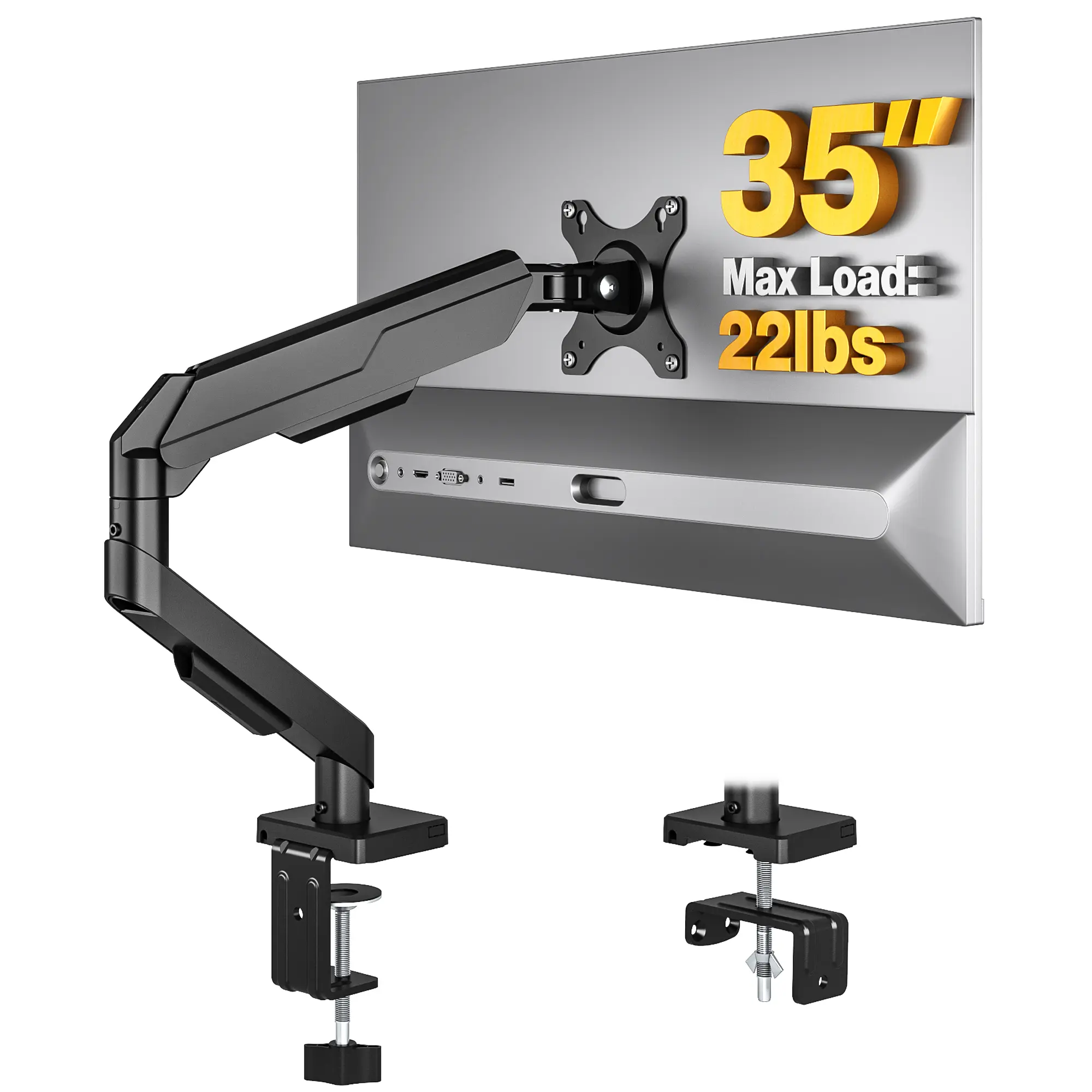 Single Monitor Arm Desk Mount, Full Motion Ergonomic VESA Screen Bracket for Gaming & Home Office, Holds Screens Up to 35 Inches, C-Clamp Grommet Dual Base with Hidden Cable Organizer