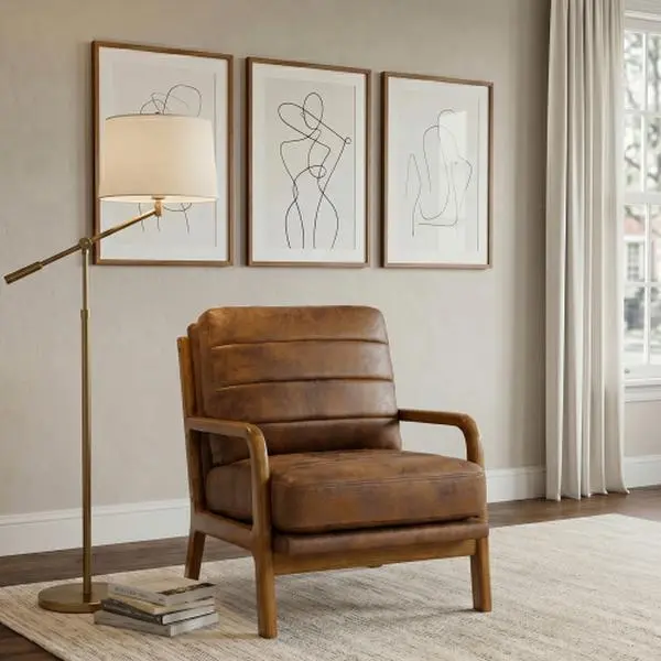 Mid-Century Modern Accent Chair, Retro Foil Fabric Upholstered Armchair with Solid Wood Frame, Comfy Lounge Reading Chair for Living Room and Bedroom
