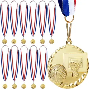12 Pack Award Medals for Adults Team Participation Trophies with Red, White, and Blue Striped Ribbon, Sports Themed Party Favors (2 in, Metal, Gold)