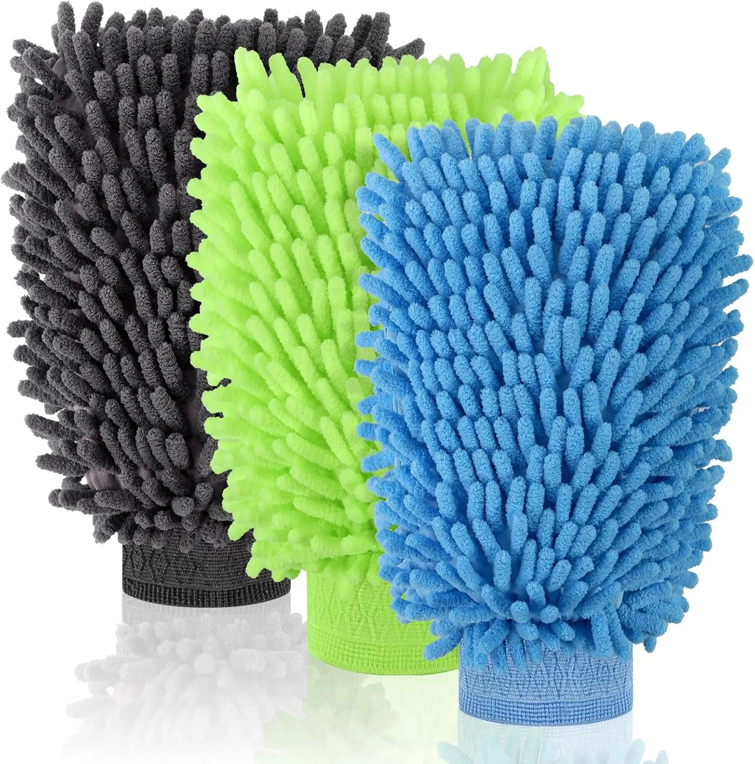 3-Pack Chenille Microfiber Car Wash Mitts (7"x9.6", Blue/Green/Grey) - Scratch-Free, Lint-Free, Highly Absorbent, Double-Sided for Car Washing, Detailing, Home Dusting, Car Detailing