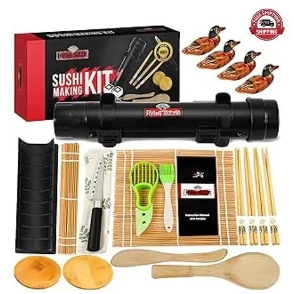 Flying Sizzle 21-Piece Plastic and Bamboo Sushi Making Kit with Stainless Steel Blade and Chopstick for Avocado Prep, Round