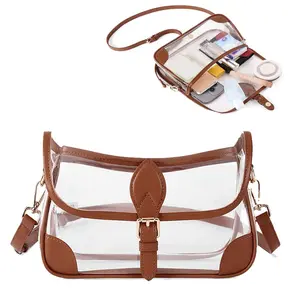 1pc Stadium Approved Clear PVC Tote Bag for Women Brown Trim Convertible Crossbody Shoulder Bag with Detachable Strap Waterproof Easy to Clean for Concerts Music Festivals Sports Games Daily Use