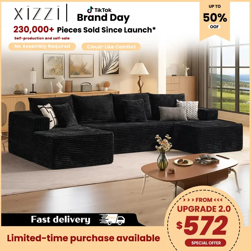 XIZZI U-shaped Modular Sectional Sofa, Compressed Corduroy Fabric, Modern Style Living Room Sofa Bed, Space-Saving Recliner Design - Convertible Corduroy Sectional Sofa